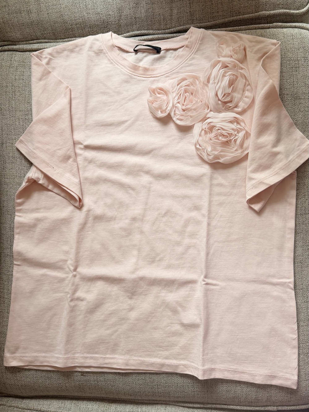 Zara Light Pink Short Sleeve Tee with Floral Rosette Details
